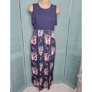 Kancystore Cold Shoulder Maxi Dress ~ Dark Blue ~ Floral ~ Sz XXL
